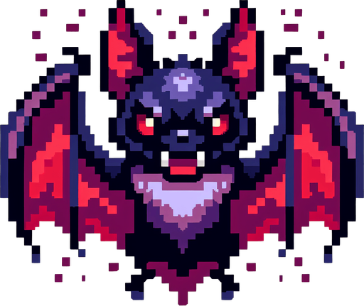 pixelart vampire bat.
Single Game Texture. In-Game asset. 2d. Blank background. High contrast. No shadows.