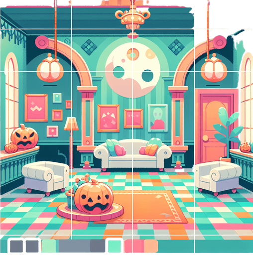 Background for hyper casual puzzle game. Showing halloween mansion interior. Pastel colors, flat shaded, vector art. Single Game Texture. In-Game asset. 2d. Blank background. High contrast. No shadows.