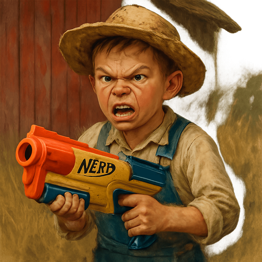 Make a farm boy with a nerf gun also make him very angry