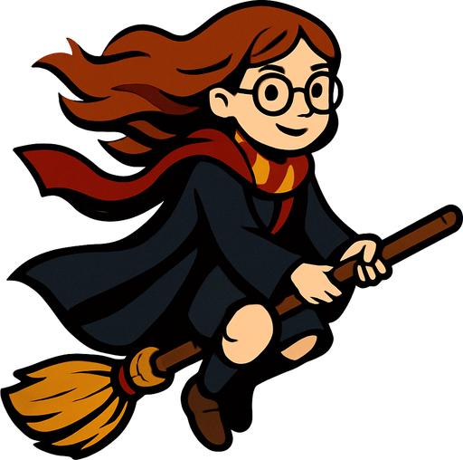 çalı süpürgesine binen pelerinli kız bir büyücü harry potter temasında.
In-Game asset.  2d.  High contrast.  No shadows