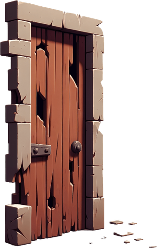 a crooked door with holes in it.
Single Game Texture. In-Game asset. 2d. Blank background. High contrast. No shadows.
