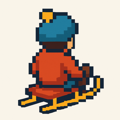 arkasından gördüğümüz kızağa oturan pixel bir çocuk yap.
In-Game asset.  2d.  High contrast.  No shadows