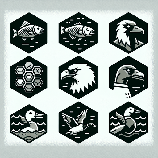A sprite sheet for game icons featuring a fish, an eagle and a mallard. Hexagon icons featuring the head of animal. 
Single Game Texture. In-Game asset. 2d. Blank background. High contrast. No shadows.