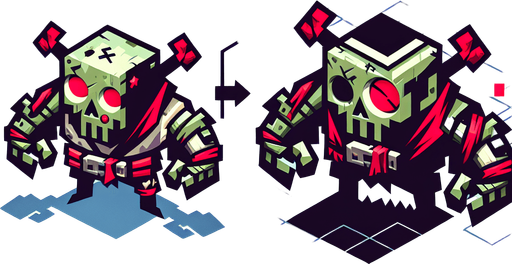 opponent for the game, zombie kamikaze, vertical top view.
Single Game Texture. In-Game asset. 2d. Blank background. High contrast. No shadows.