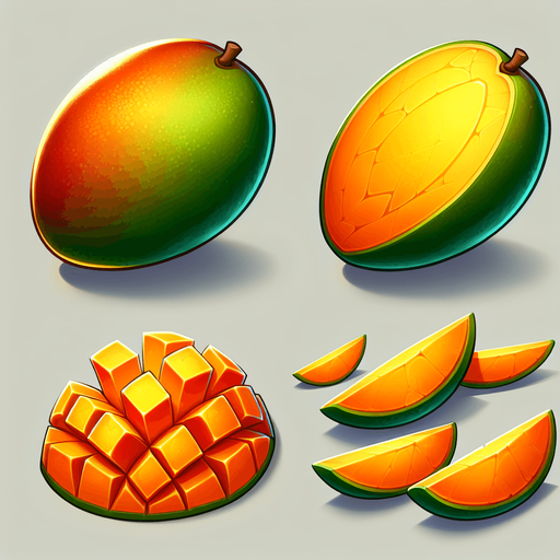 A mango and a few slices  of mango.
Single Game Texture. In-Game asset. 2d. Blank background. High contrast. No shadows.