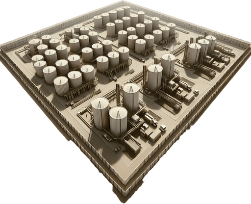 Simple Spice Refinery with silos and a rectangular fence..
Zenith view Directly overhead. Plumb view.