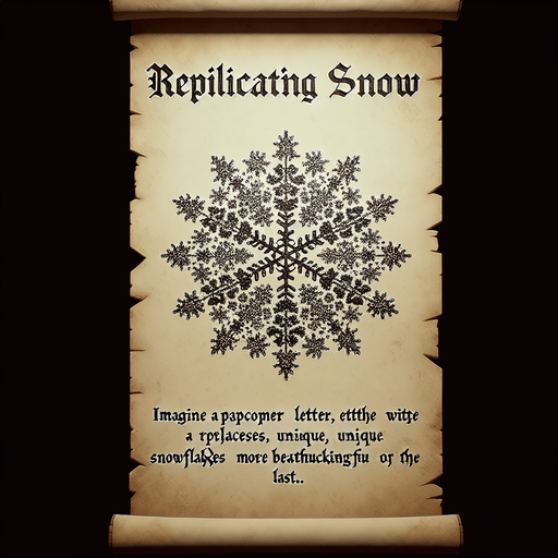 a pergament letter with the name "Replicating Snow". It has a cloud with replicating snowflakes on it. vertical. Single Game Texture. In-Game asset. 2d. Blank background. High contrast. No shadows.