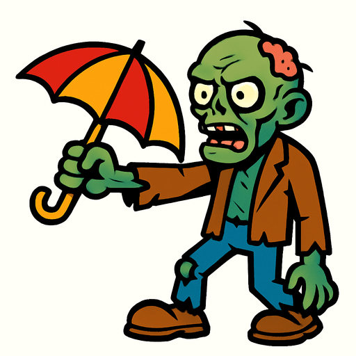 a zombie raises an umbrella forward.
In-Game asset.  2d.  High contrast.  No shadows