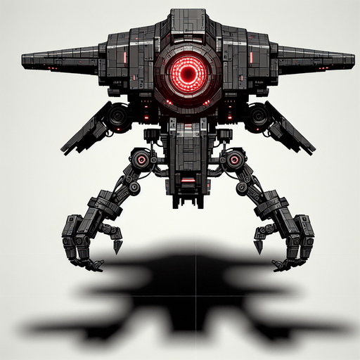 Overhead view. A hovering robot with a tapered midsection with two bulky arms with claw like hands and a giant red “eye” on top of its body. Looking straight down. Cyberpunk, black with red glowing highlights..
Single Game Texture. In-Game asset. 2d. Blank background. High contrast. No shadows.