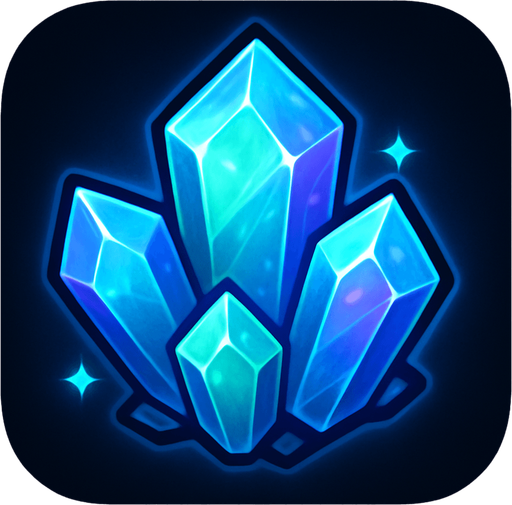 Crea un icono de cristales que represente el recurso mágico y avanzado. Debe ser un pequeño clúster de cristales facetados y brillantes (pueden ser de un solo color dominante o una mezcla sutil de azul, verde y púrpura), vistos directamente desde arriba. La superficie superior debe mostrar los planos de los cristales y un brillo translúcido que sugiera su naturaleza energética..
In-Game asset.  2d.  High contrast.  No shadows