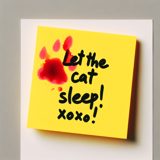 yellow stickyNote with
 "Let the cat sleep!
Xoxo!" text and a red-stain.
