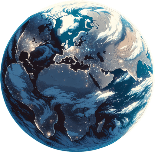 2d anime style image about earth from space with full of stars
Single Game Texture.  In-Game asset.  2d.  Blank background.  High contrast.  No shadows