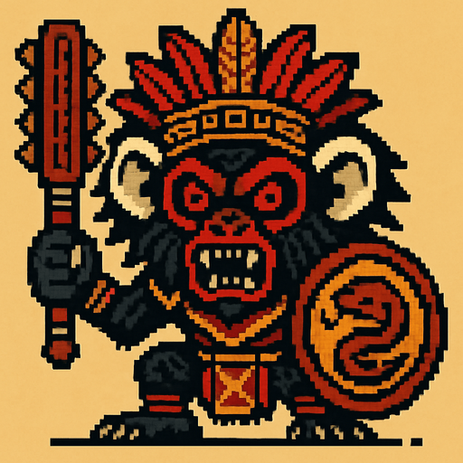 Genérame una MONO TITÍ guerra azteca con eso patrones estilo pixelar, con una apariencia maligna..
In-Game asset.  2d.  High contrast.  No shadows