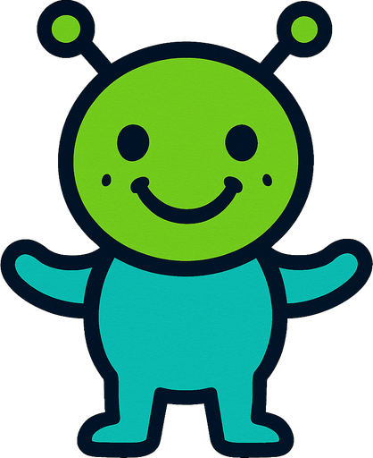 bir sevimli gülen yüzlü uzaylı.
In-Game asset.  2d.  High contrast.  No shadows