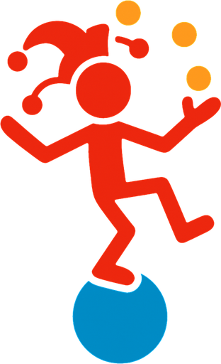 Red stickman that is a jester that is on a blue ball and is juggling.
In-Game asset.  2d.  High contrast.  No shadows