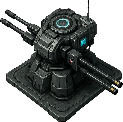 Namusu olmayan Teknolojik askeri saldırı kulesi, üstten görünüm, gerçekçi, yazısız.
In-Game asset.  High contrast.  No shadows