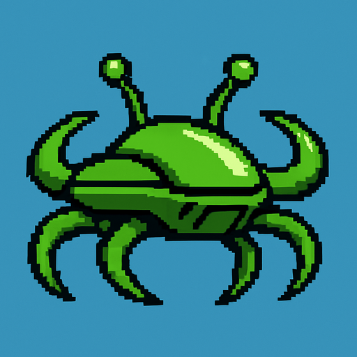green crab style alien ship. side scroller image.
In-Game asset.  2d.  High contrast.  No shadows