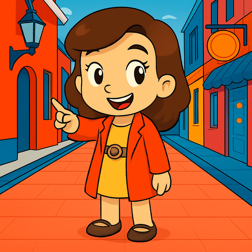 Make her point forward with her right hand and she has a happy look on her face