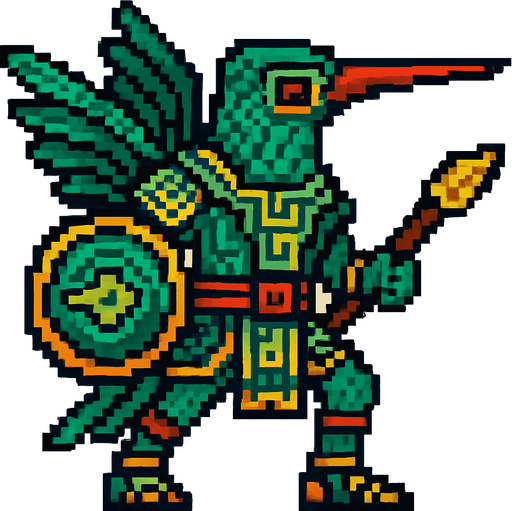 Generame un guerrero voaldor Colibrí esmeralda del Chiribiquete estilo azteca con patrones, estilo pixelar.
In-Game asset.  2d.  High contrast.  No shadows