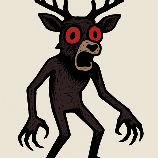 Cabeza de Ciervo: La figura posee una cabeza detallada de ciervo, con astas ramificadas de color oscuro (posiblemente negro o marrón oscuro). Tiene orejas puntiagudas y un hocico prominente de un tono más claro que el resto del cuerpo. Los ojos son grandes, completamente blancos con pupilas rojas gigantes y redondas, lo que le confiere una mirada vacía y sorprendente. La boca está abierta en una expresión que podría interpretarse como un grito o una mueca.

Cuerpo Humanoide: El cuerpo es de forma vagamente humana, con dos brazos largos y delgados que terminan en manos con lo que parecen ser garras o dedos muy alargados. Las piernas son también delgadas y la postura sugiere que está de pie. El color del cuerpo es principalmente marrón oscuro o morado oscuro..
In-Game asset.  2d.  High contrast.  No shadows
