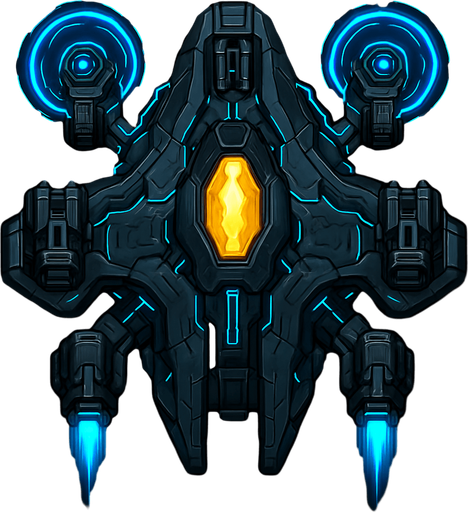 Transform the ship into a high-tech 2D top-down spacecraft. Add shield emitters with rotating energy halos, four weapon slots, side thrusters, and an enhanced cockpit with a golden or crystal-like glow. The silhouette is wider and more refined. Visuals should include detailed paneling, moving parts, and advanced energy flows..
In-Game asset.  2d.  High contrast.  No shadows