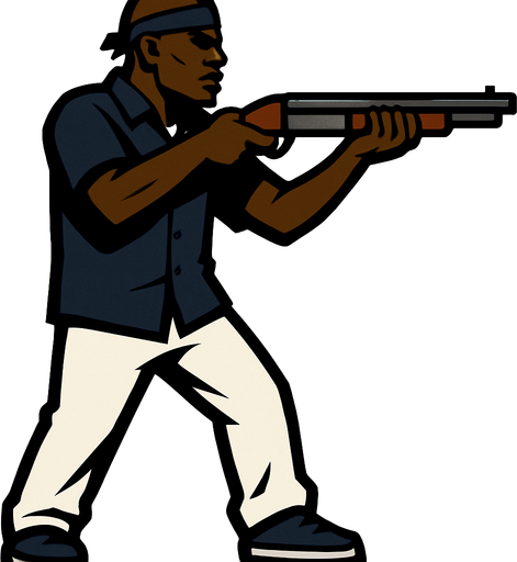 un pandillero negro con camisa azul oscuro y pantalon blanco usando una escopeta con la perspectiva lateral de cuerpo completo.
In-Game asset.  2d.  High contrast.  No shadows