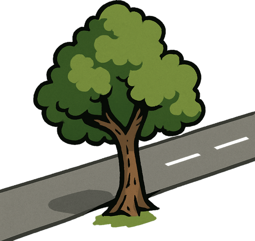A 2D top-down tree (a little bit short and weird) viewed from a slight rear top angle, positioned beside a road, showing the top and a bit of the back side. The tree is slightly angled to match the camera perspective, with visible foliage and trunk shape. Daylight, clean background, suitable for roadside environment in a driving game..
In-Game.
In-Game asset.  2d.  High contrast.  No shadows