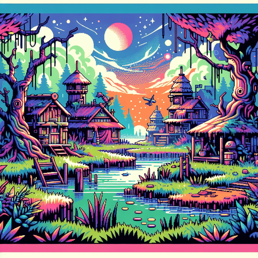 fantasy nice color 2d 16 bit fantasy remote swamp village foh sky
Single Game Texture.  In-Game asset.  2d.  Blank background.  High contrast.  No shadows