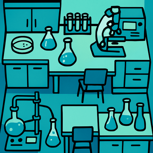 Vista desde arriba de un laboratorio.
In-Game asset.  2d.  High contrast.  No shadows