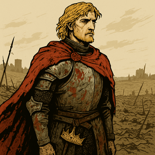 A young prince in a tattered royal cloak, wearing armor half-covered in mud and blood. Male, 31 years old, tall and proud despite exile, with golden blond hair to his shoulders, piercing blue eyes, and fair skin hardened by years of hardship. A broken crown hangs from his belt. He stares out over a ruined battlefield with determination. Realistic, highly detailed, noble tragic style. realistic.
In-Game asset.  2d.  High contrast.  No shadows