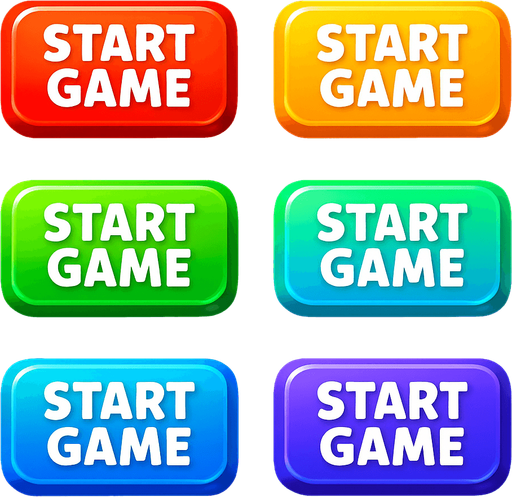 "start game" buttons. rainbow colors in each button. HD colors. 
In-Game asset.  High contrast.  No shadows. 3D