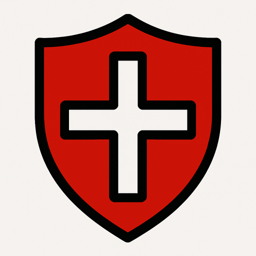 a red shield with a white cross on it.
In-Game asset.  2d.  High contrast.  No shadows