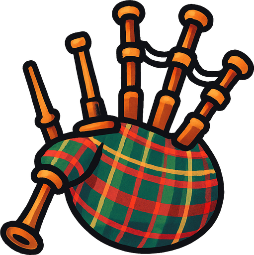 A fun, cartoony illustration of Scottish bagpipes with a tartan pattern. Rounded edges, high-contrast details, and transparent rounded background. Designed as an icon for a world music game..
In-Game asset.  2d.  High contrast.  No shadows