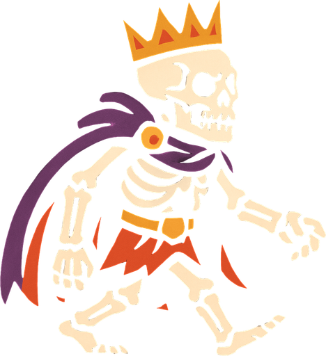 ölümsüz kemikler kralı sağdan sola yürüyor gibi.
In-Game asset.  2d.  High contrast.  No shadows