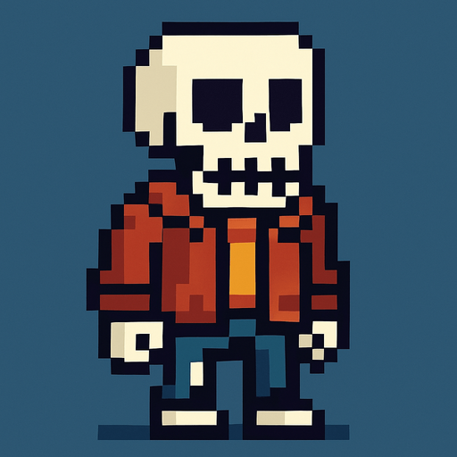 2d pixelart skeleton with jacket.
In-Game asset.  2d.  High contrast.  No shadows
