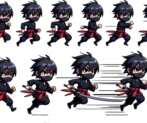 "Create a sprite sheet of a cartoon ninja running. The ninja should be wearing a black outfit with a red sash and a determined facial expression. The sprite sheet should include multiple frames to show the ninja in various stages of the running cycle, with alternating leg and arm positions. The background should be transparent.".
Style: Cartoon style, with clean lines and vibrant colors.
Character Design:
Outfit: Black ninja gi (traditional uniform) with a red sash tied around the waist.
Head: Black mask covering the lower face, revealing expressive eyes.
Hair: (Optional) If the ninja has hair, it should be flowing back in the wind as they run.
Weapon: The ninja should be carrying a weapon (sword or staff) in their hand. The weapon should also be animated to show movement as the ninja runs.
Running Animation:
Number of Frames: At least 4-6 frames for a smooth animation cycle.
Poses: Varying leg and arm positions to create a sense of movement and dynamism. Consider poses with one leg extended forward, the other back, and arms swinging in opposite directions.
Details: Pay attention to details like the flow of the clothing and the movement of the hair (if applicable) to enhance the realism of the animation.
Background: Transparent background for easy integration into the game.
Resolution: Specify a resolution that is appropriate for your game's scale and the desired level of detail (e.g., 128x128 pixels or 256x256 pixels per frame).