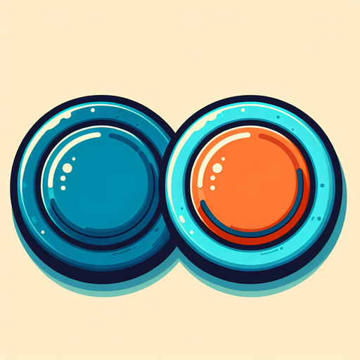 2 boutons de jeu vidéo ronds, un bleu et un orange, vides, style jeu vidéo, vue de dessus