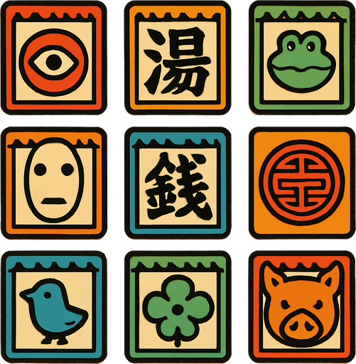 Different tokens like in the movie "spirited away".
In-Game asset.  2d.  High contrast.  No shadows