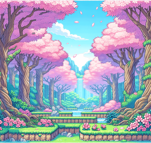 high definition super nintendo background of a japanese sakura tree forest 
Single Game Texture.  In-Game asset.  2d.  Blank background.  High contrast.  No shadows