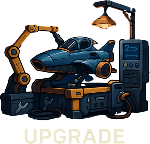 Uzay temalı Gemi Geliştirme, Tamirci İstasyonu, gerçekçi, Altında "Upgrade" yazsın.
In-Game asset.  High contrast.  No shadows