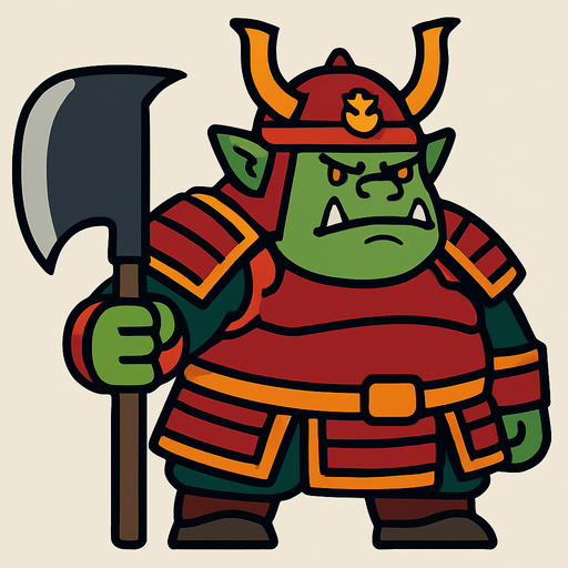 side scroller image fat orc samurai front holding big axe.
In-Game asset.  2d.  High contrast.  No shadows