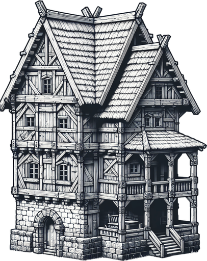 An Inn in a RTS fantasy style Single Game Texture. In-Game asset. 2d. Blank background. High contrast. No shadows.