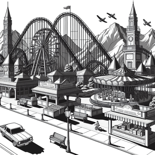 theme park.
Single Game Texture.  In-Game asset.  2d.  Blank background.  High contrast.  No shadows. 2d