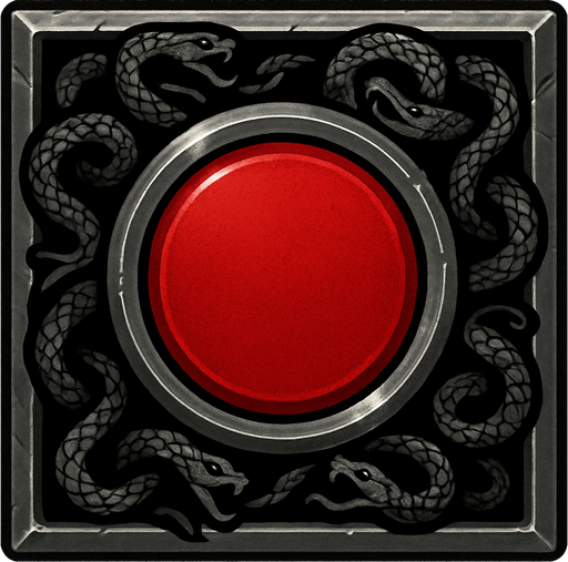 Metallic button frame, black snake patterns around, red middle of the button, metal gray frame.
In-Game asset.  2d.  High contrast.  No shadows