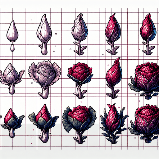 A spritesheet showing a pointed red cabbage plant in various stages of germantion and groth, from seed over sapling, to bloom and to full grown plant, and then the ripe cabbage. The sprites should be laid out in a rectangular grid with blank space between them.. Single Game Texture. In-Game asset. 2d. Blank background. High contrast. No shadows..
Single Game Texture. In-Game asset. 2d. Blank background. High contrast. No shadows.