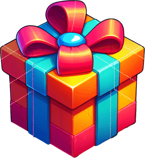 gift wrapped box, vivid colours. with bow on top Single Game Texture. In-Game asset. 2d. Blank background. High contrast. No shadows. Single Game Texture. In-Game asset. 2d. Blank background. High contrast. No shadows.