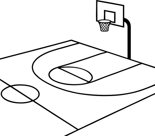 A minimalist black and white basketball court background. The court is shown from a side view or slightly isometric angle. It includes clear outlines for the hoop, backboard, half court line, and three-point arc, all in clean black lines on a white surface (or vice versa). The style is modern, simple, and flat — no players, just the environment..
In-Game asset.  2d.  High contrast.  No shadows