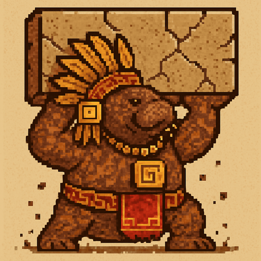 Generame un guerrero azteca con patrones, estilo pixelar, además será un animal manati con efectos de tierra, cargando un enrome muro. gigante.
In-Game asset.  2d.  High contrast.  No shadows