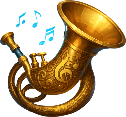 Create a detailed fantasy icon of a War Horn designed for a musical-themed tower defense game set in a haunted concert hall.

The horn should be ornate and elegant, resembling a mix between a classical brass instrument (like a French horn or trumpet) and a battle horn.

Crafted from polished brass or gold, with engraved musical symbols (clefs, notes, or swirling staff lines) along its surface.

The mouthpiece and flared bell should look slightly exaggerated, magical, or ceremonial.

Add glowing accents (blue, violet, or gold) or floating music notes around it to suggest it's enchanted.

The horn may rest on a pedestal, float slightly, or face outward ready to be sounded.

Background should be minimal or transparent. Icon must be square (256×256 or 512×512), clean and readable at small sizes.
Style: elegant fantasy UI, semi-realistic digital painting, matching the orchestral theme of the game..
In-Game asset.  2d.  High contrast.  No shadows