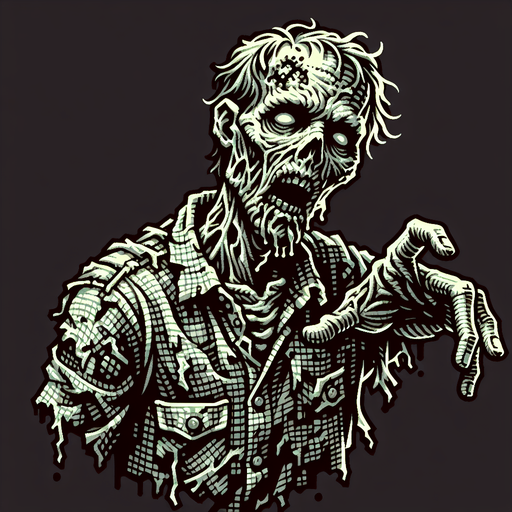 Zombie.
Single Game Texture.  In-Game asset.  2d.  Blank background.  High contrast.  No shadows